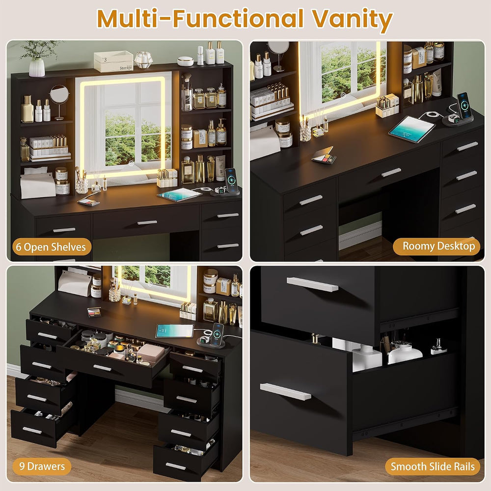 Black Vanity Desk with Mirror and Lights,Makeup Vanity with 9 Drawers, 6 Shel...
