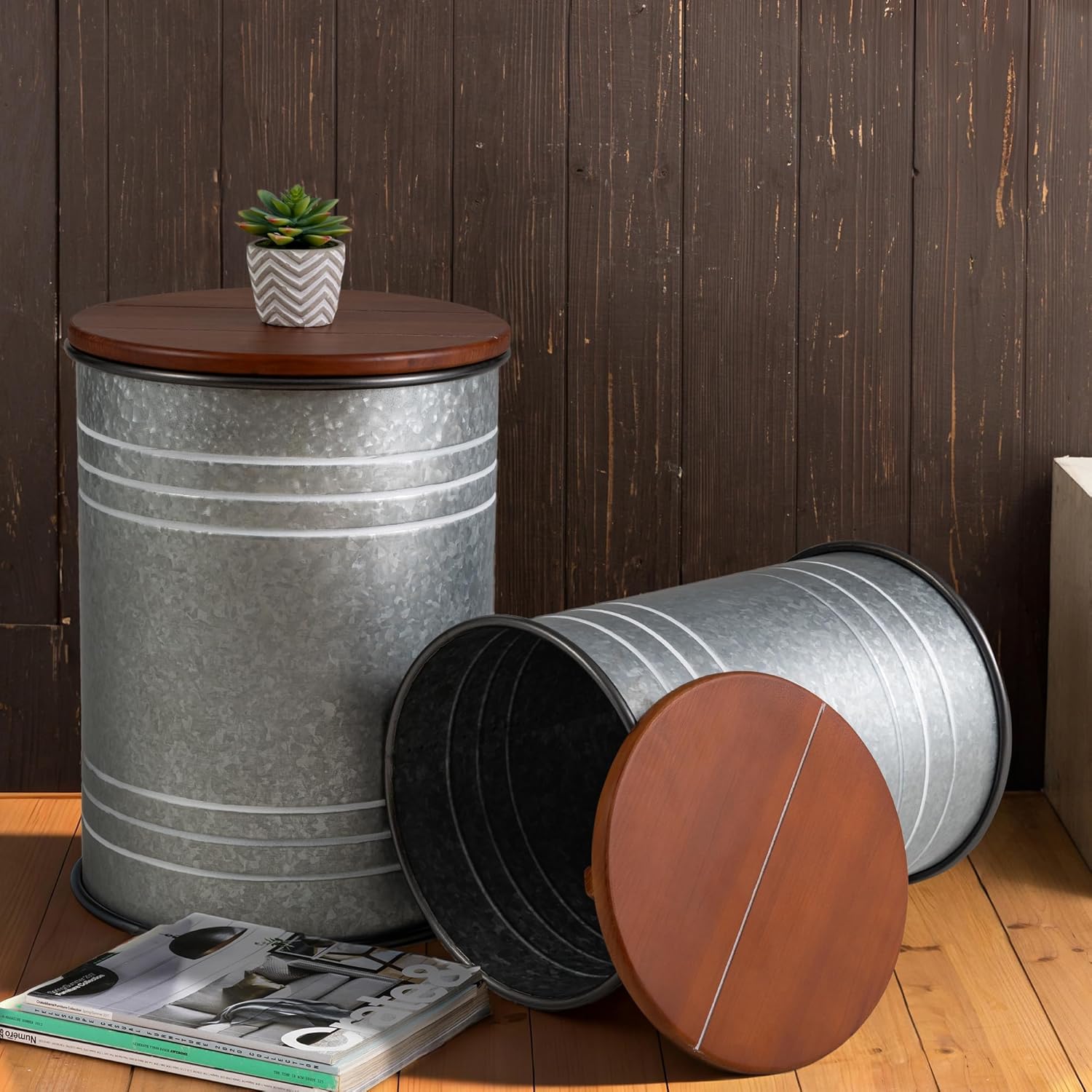 Glitzhome Nesting Tables for Living Room, Round Coffee Tables Set of 2, Metal Farmhouse Small Accent End Table with Storage and Lid for Bedroom Office Plant Stander, Grey
