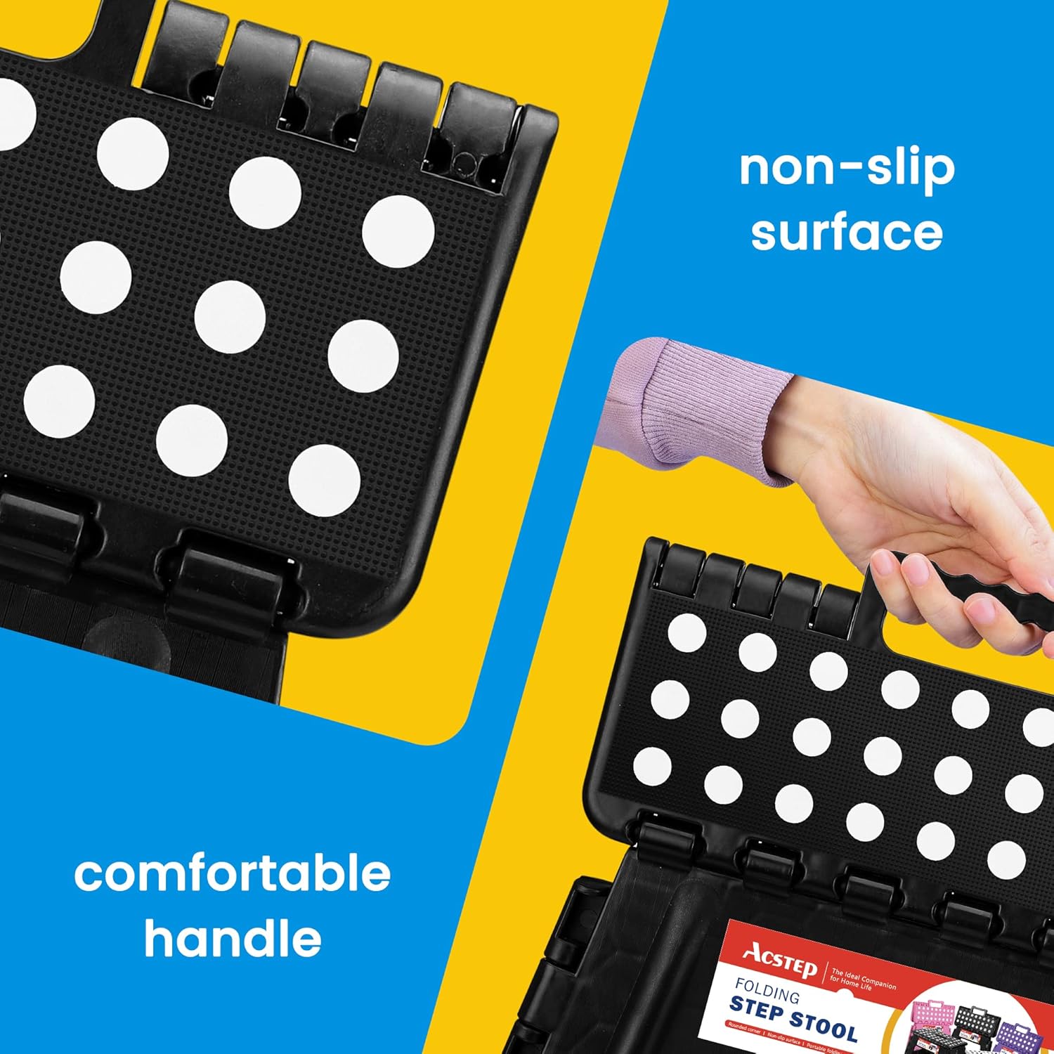 ACSTEP 9 Inch Wide and 9 Inch Folding Step Stool 2-Piece Set, 300 LB Capacity Plastic Foldable Stools with Handle, Non-Slip Step Stool, Home Use (Black & Black)