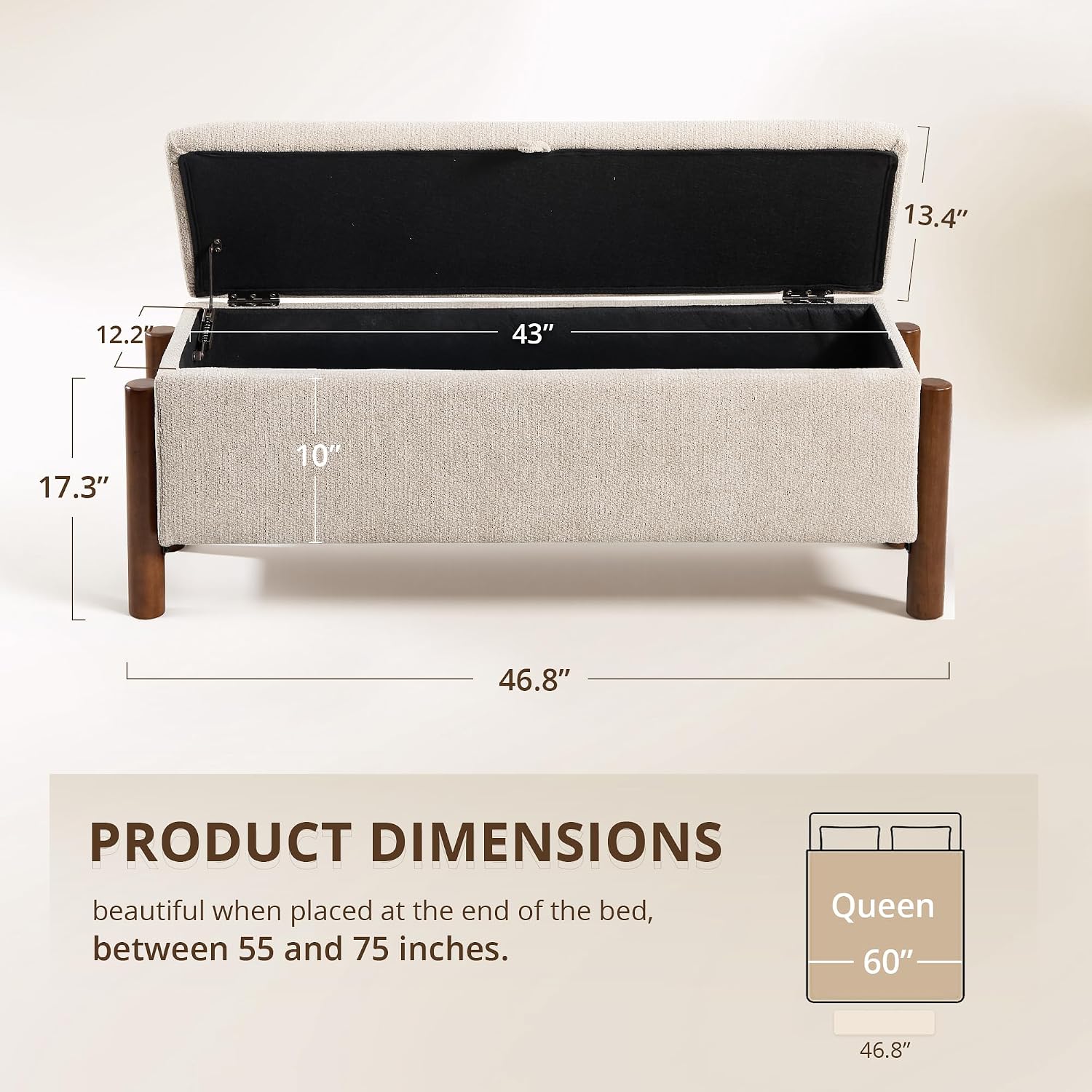 47'' Modern Storage Ottoman Benches with Walnut Wood Legs Ottoman Bench with 22 Gallons Storage Space Fabric Upholstered Seating End of Bed Bench for Bedroom for Livingroom Beige