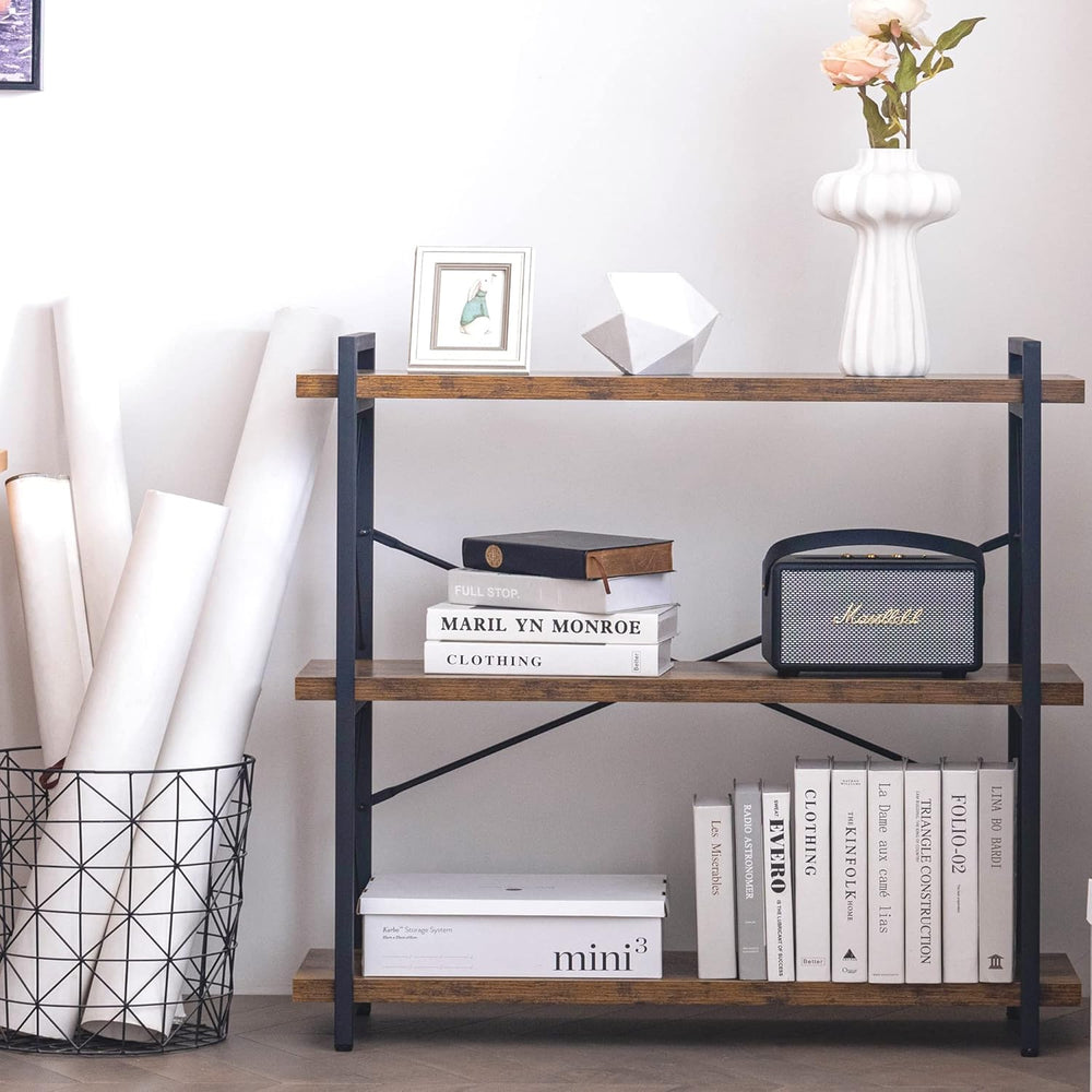 HCHQHS Bookshelf, 3-Tier Industrial Bookcase, Rustic Open Book Shelf, Wood an...