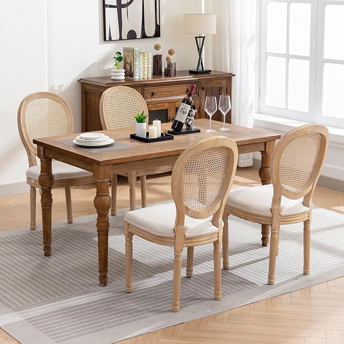 French Country Dining Chairs Set of 6, Cream Kitchen & Dining Room Chairs Set of 6, Ivory Rattan Dining Chairs, Cane Back, Wood Legs, Sillas De Comedor (Rattan, Beige, 6Pcs)