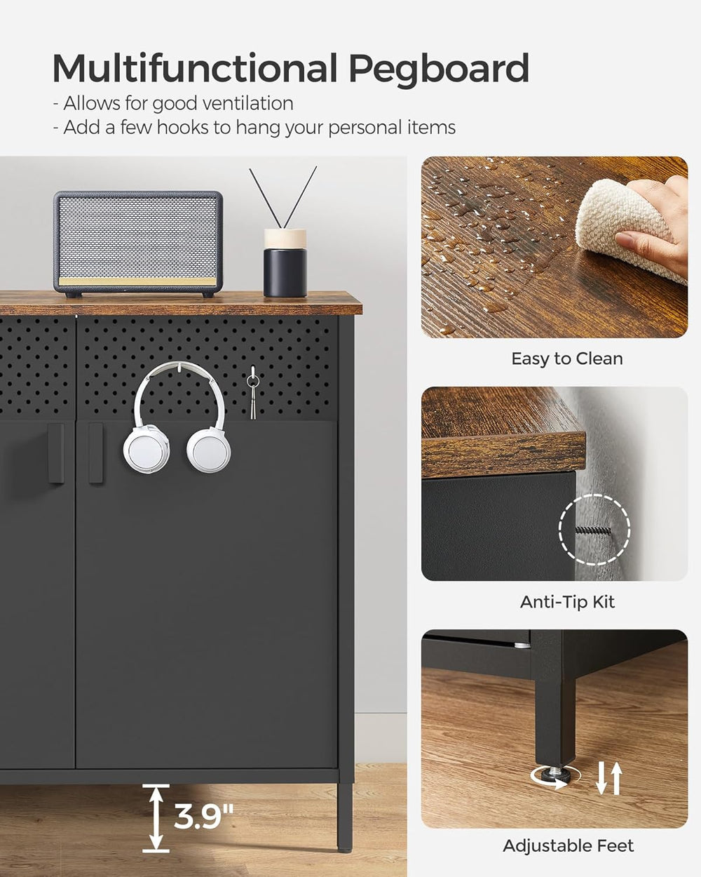 SONGMICS Storage Cabinet, Metal Cabinet, Sideboard with 2 Doors, 15.7 x 31.5 ...