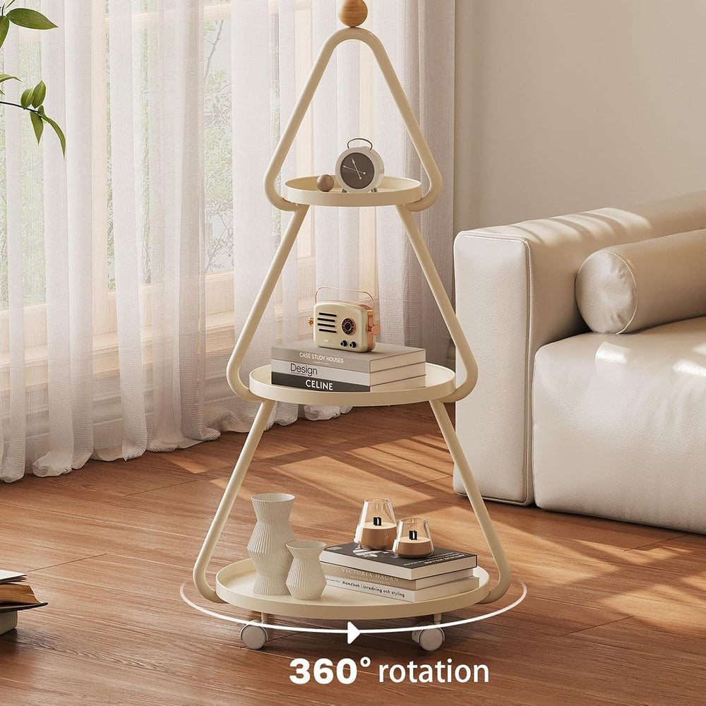 Tree-Shaped Side Table Metal 3-Tier End Table with Rolling Wheels Couch Table...