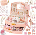 Princess Jewelry Box for Girls with Hair Accessories,Girls Hair Clips Bows Set, Fashion Hair Styling Kit with Mirror,Pink Sparkle Trinket Box Includes Hair Clips