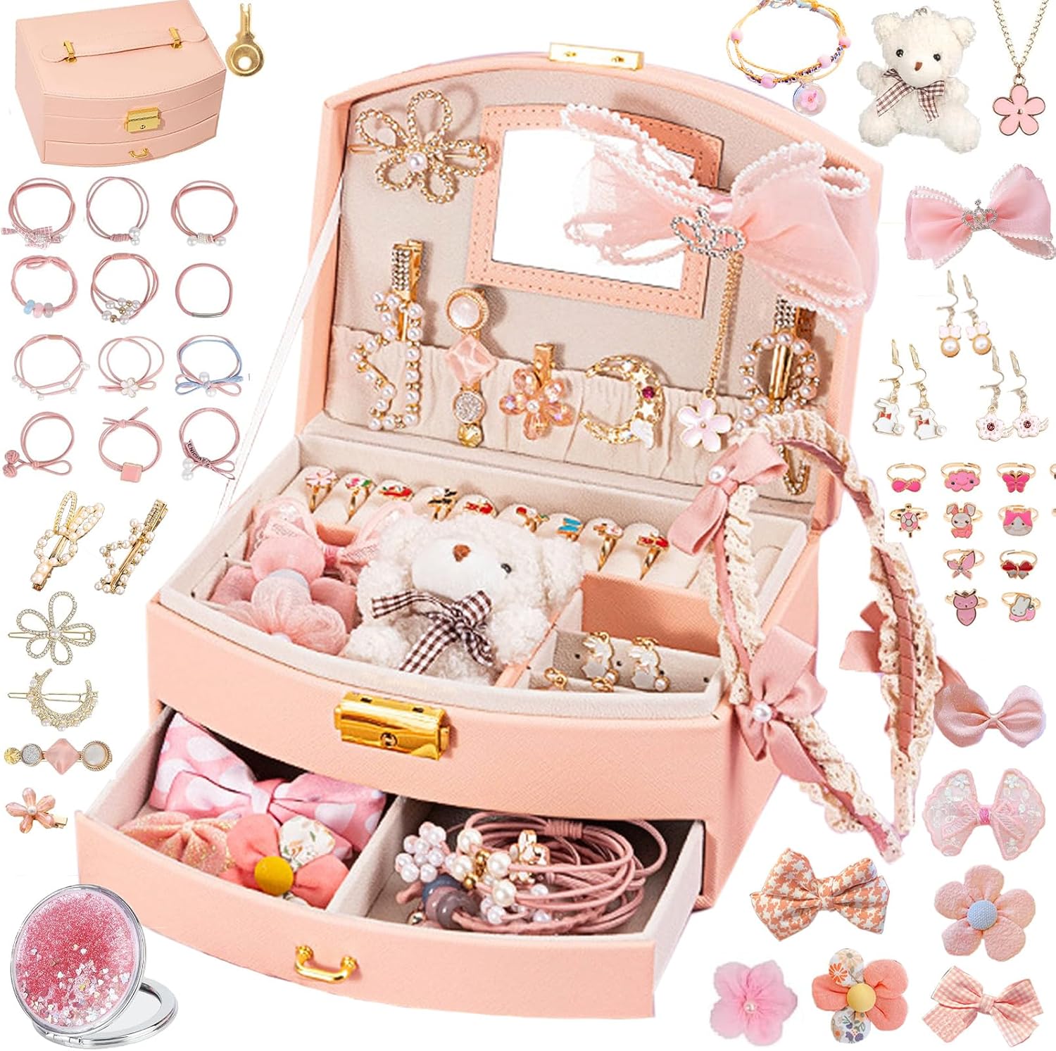 Princess Jewelry Box for Girls with Hair Accessories,Girls Hair Clips Bows Set, Fashion Hair Styling Kit with Mirror,Pink Sparkle Trinket Box Includes Hair Clips