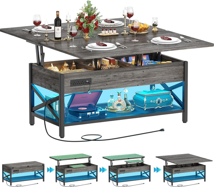 Aheaplus Coffee Table Lift Top Multi-Function Coffee Table Converts to Dining Table, with LED Light and Power Outlet, Center Table with Shelves for Living Room Reception Home Office, Black Oak