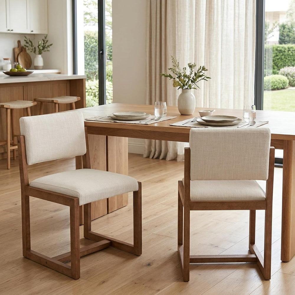DUOMAY Mid-Century Linen Dining Chairs Set of 2, Beige | Modern Upholstered S...