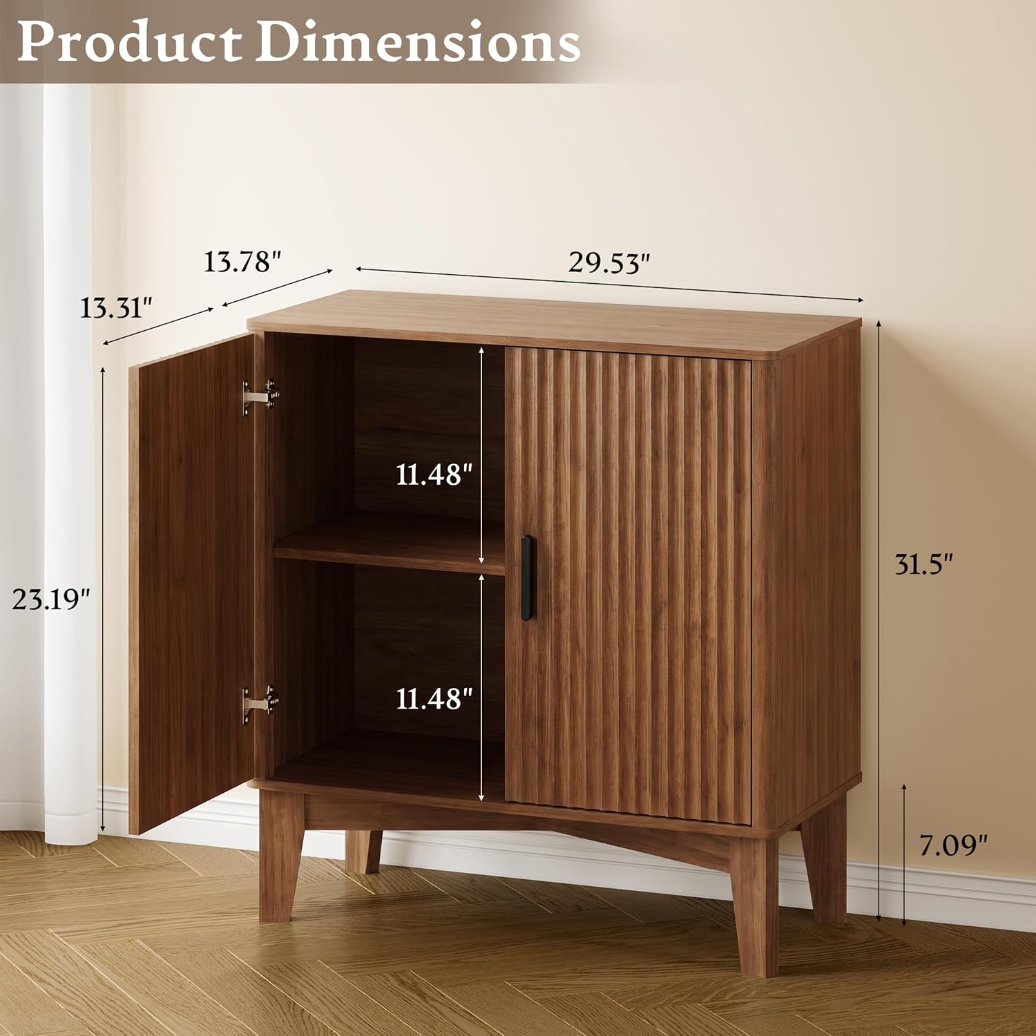 BORNOON Storage Cabinet with Doors and Adjustable Shelf, Modern Fluted Sideboard Buffet Cabinet, Freestanding Coffee Bar for Kitchen, Pantry, Entryway, Living Room