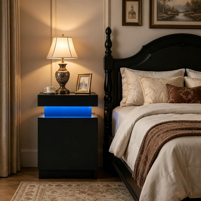 Black Nightstands Set of 2, LED End Table for Bedroom, Modern Bedside Table with Door One Storage Cabinet, Night Stand with Led Light