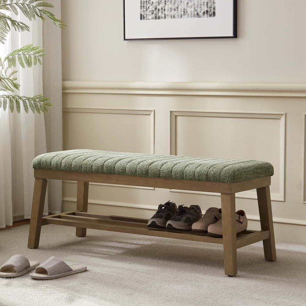 VKNOW Entryway Bench, Storage Shoe Bench with Rubberwood Legs, Green | Shoe R...