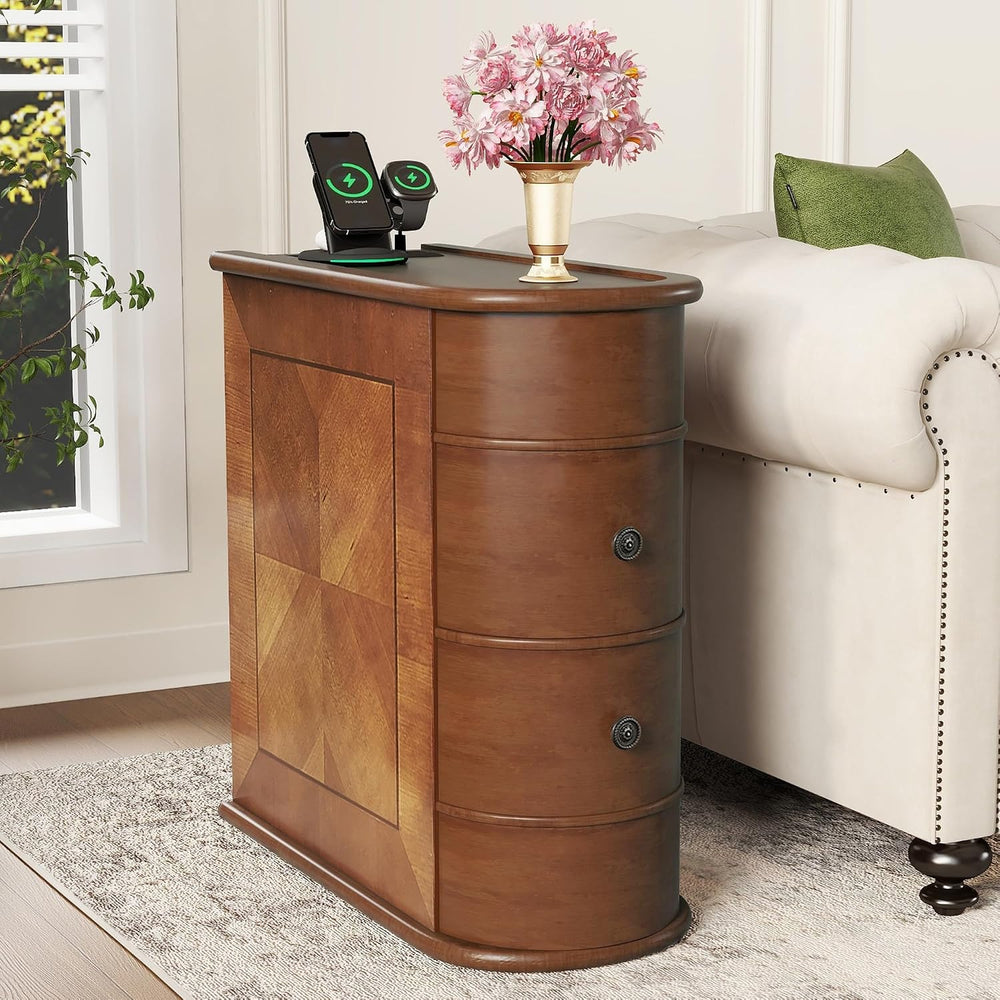 Narrow End Table with Charging Station, Skinny Side Table for Living Room, Sl...