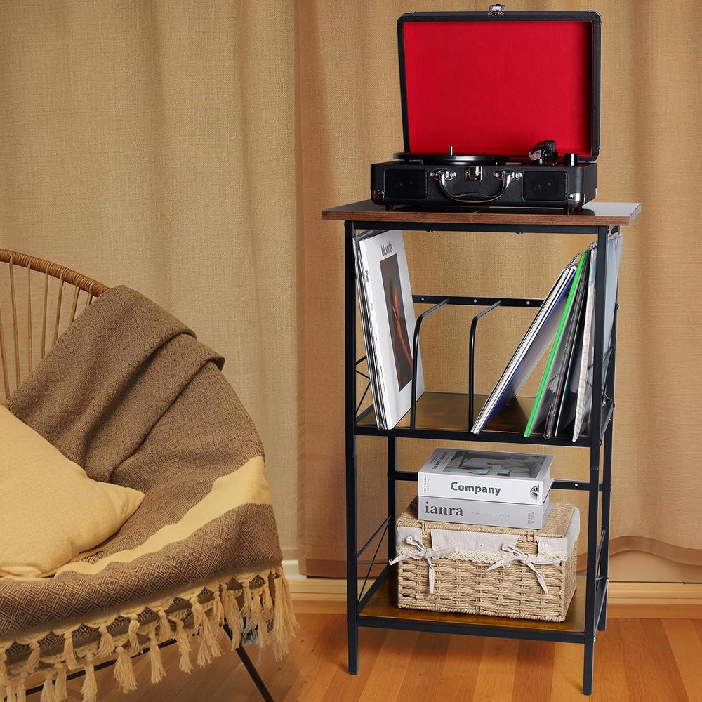 Record Player Stand with 4 Adjustable Dividers, Vinyl Record Storage Holds 20...