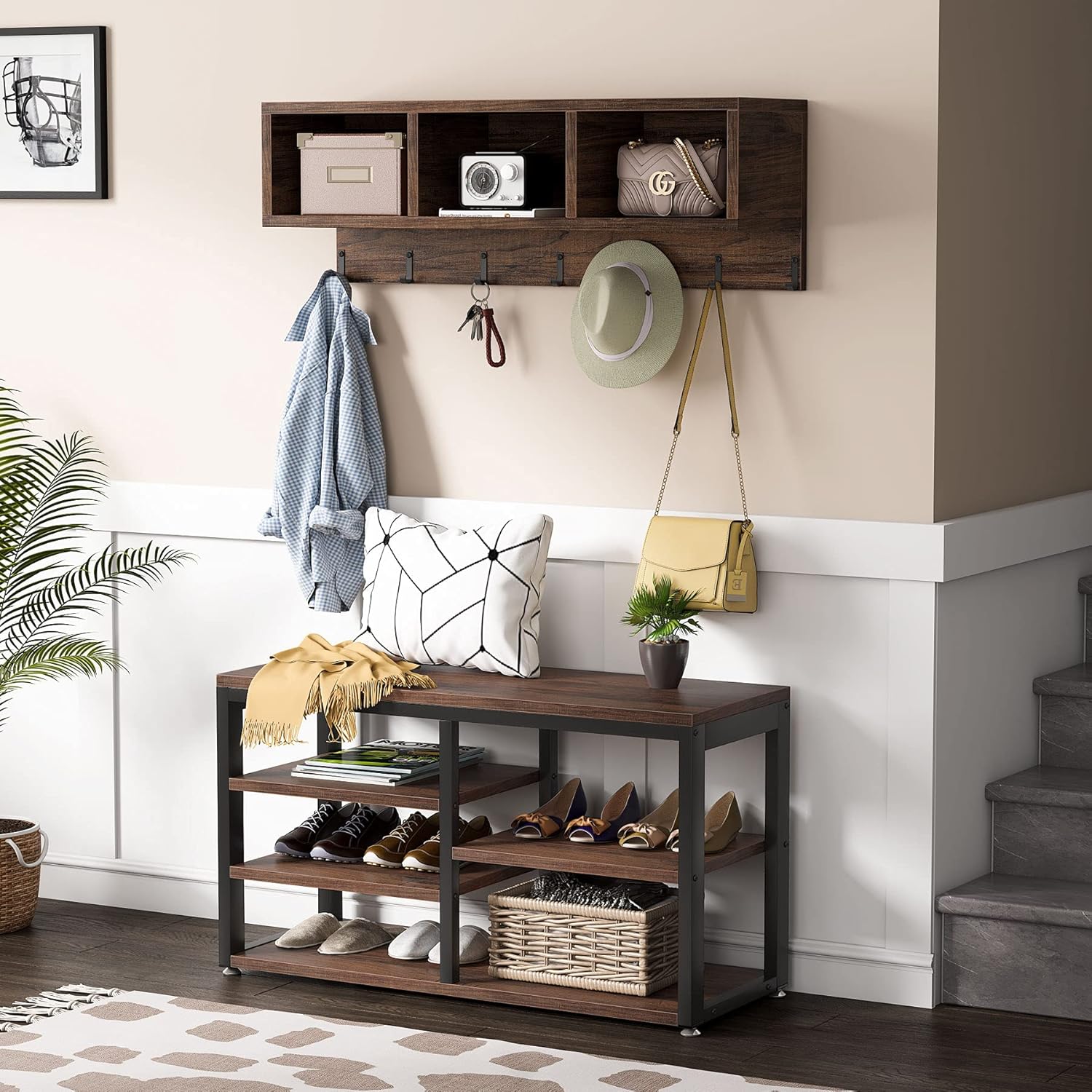 Tribesigns Industrial [Shoe] [Rack] [Bench] with Coat [Rack] Set with Hall Tree, 3 Storage Cubbies, 7 Hooks for Entryway, Hallway, 5-in-1Design, Rustic Brown