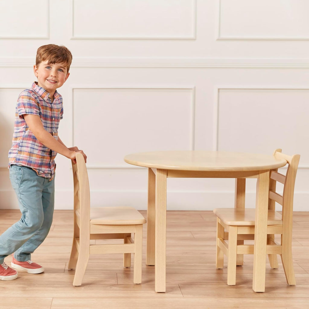 ECR4Kids 30in D Round Hardwood Table and Chair Set, 12in Seat Height, Kids Furniture, Antique White, 3-Piece