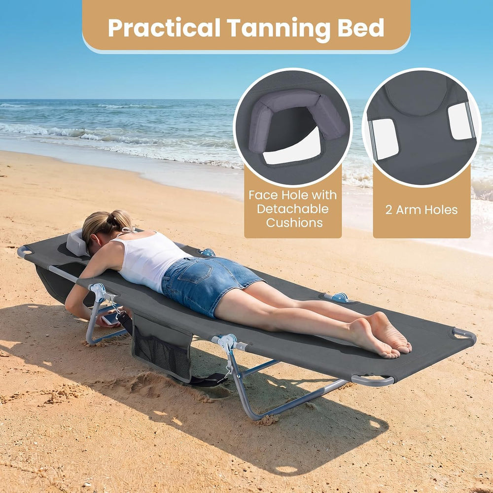 Goplus Tanning Chair, Portable Lightweight 10.5LBS Beach Lounger with Face Ar...