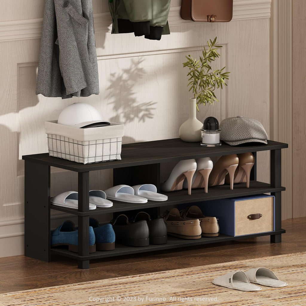Furinno Turn-N-Tube Shoe Rack, 3-Tier Shoe Organizer, Compact Shoe Storage with Open Shelves, 15.5 x 41.1 x 15.8, for Closet Entryway, Office, Garage, Espresso/Black