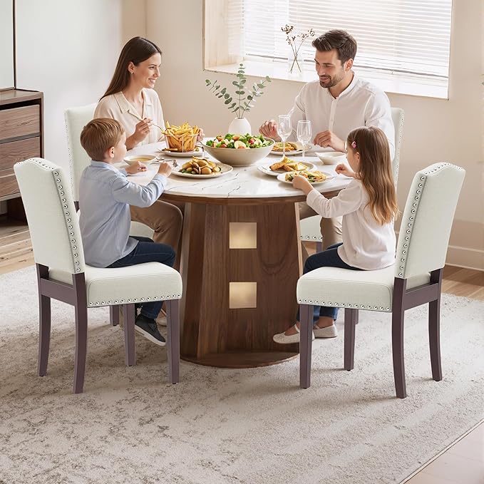 Upholstered Dining Chairs Set of 4 with Thickened Seat Cushion, Wooden Mid-Ce...