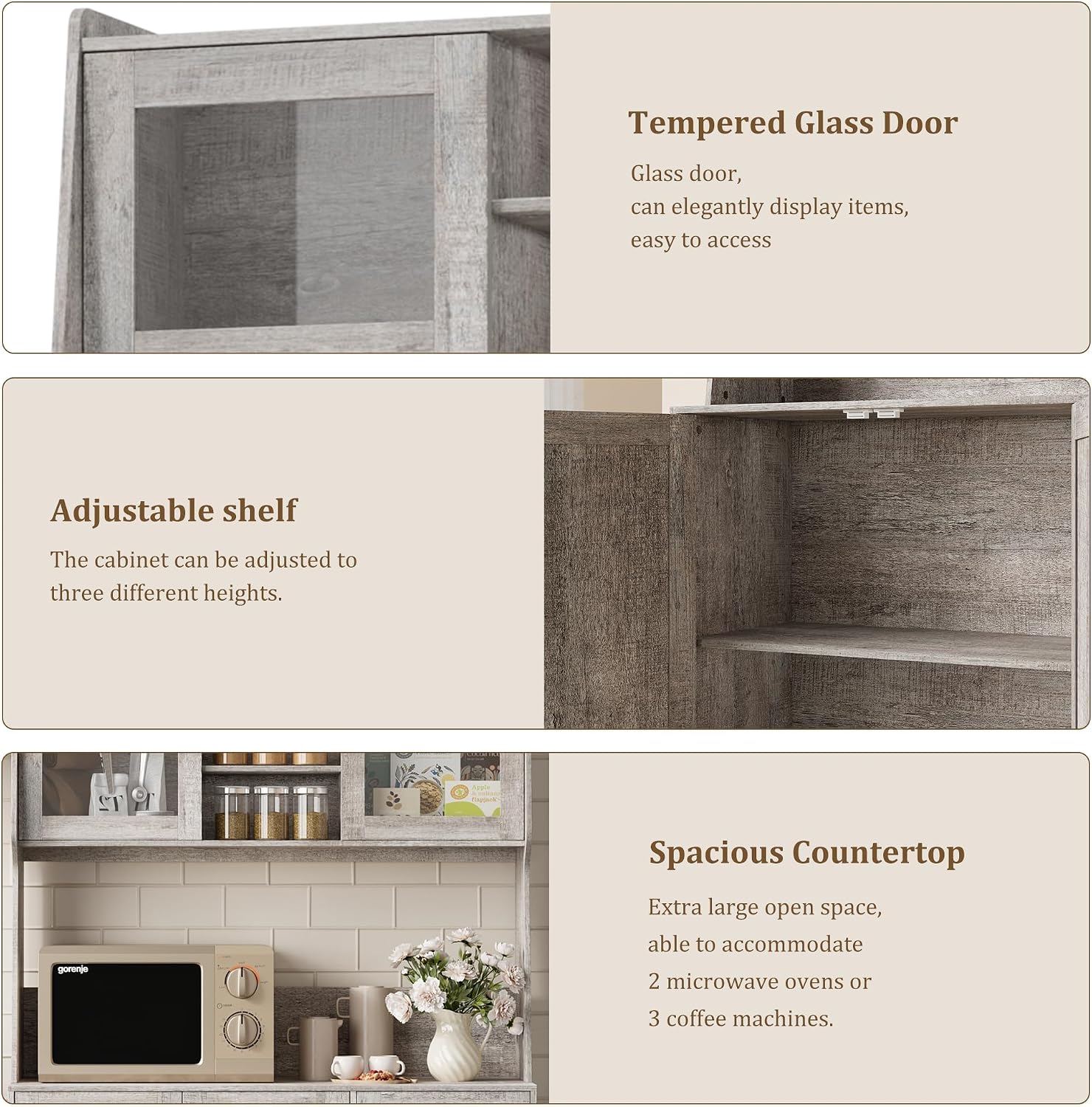 67'' Tall Kitchen Pantry Cabinet with Microwave Shelf, Sideboard Hutch Storage Cabinet with Doors, Shelves and Drawers, Wooden Coffee Bar, Sideboard Buffet Cabinets with Storage for Office(Grey)
