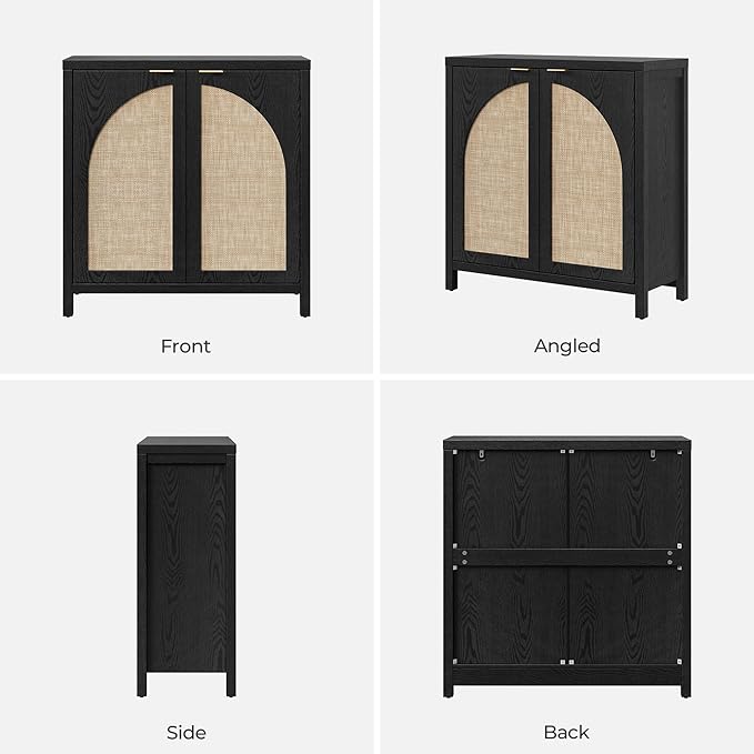 SICOTAS Rattan Sideboard Buffet Cabinet with Storage, Modern Credenza Storage Cabinet with Arch Doors & Adjustable Shelves, Coffee Bar Media Console Cabinets for Kitchen Living Room Entryway, Black