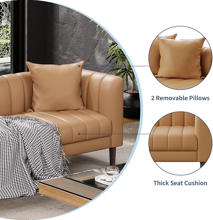 IDEALHOUSE 83" W Faux Leather Sofa Couch for Living Room, Modern 3 Seater Sofa Couch with Deep Seats, 2 Throw Pillows and Wood Legs, for Small Space, Bedroom, Apartment, Home Office, Brown
