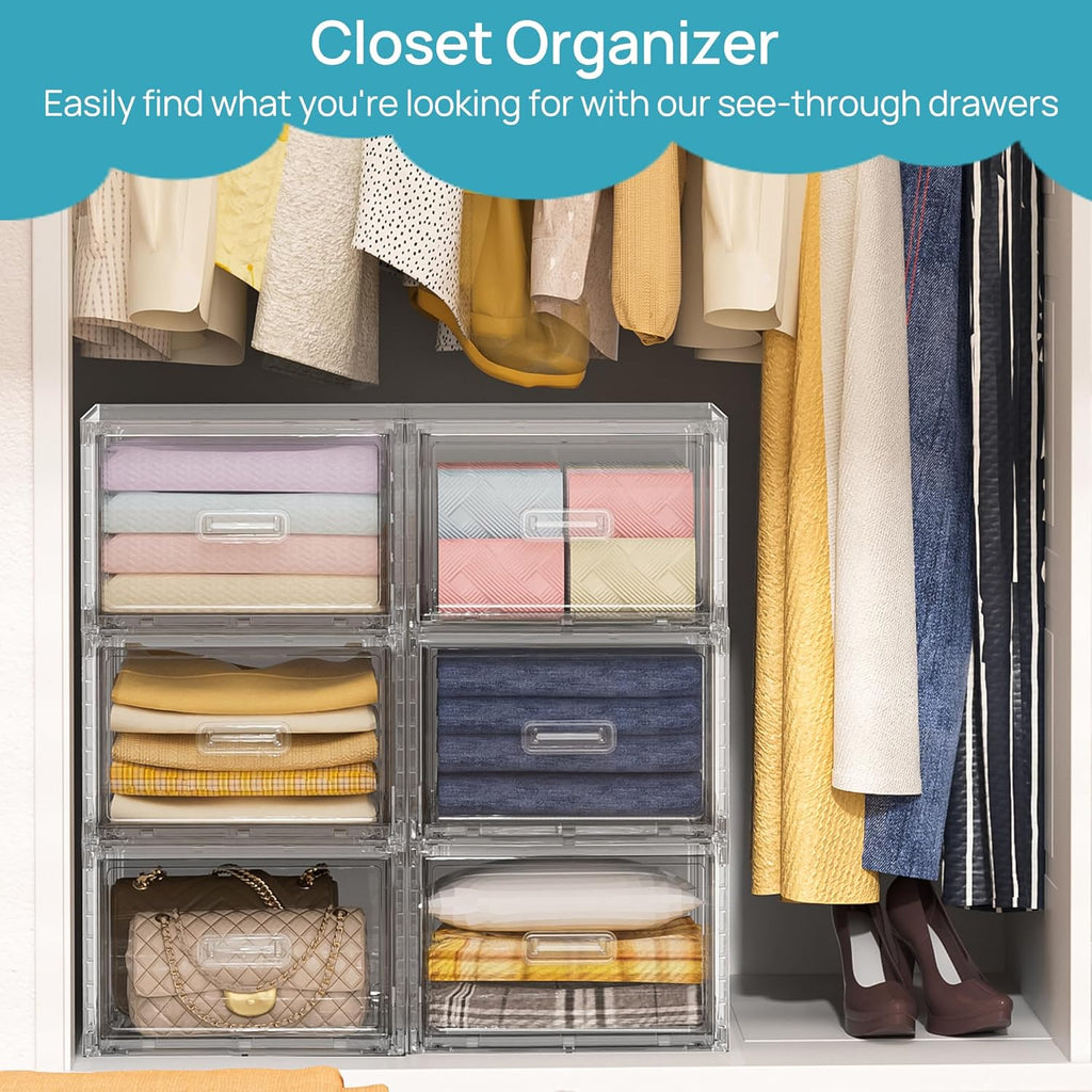Vtopmart 2 Pack 15QT Clear Stackable Storage Drawers,Easily Assemble Closet Organizers,Plastic Storage Bins for Bathroom,Cabinet,Kitchen Pantry,Under Sink Organization(Medium)