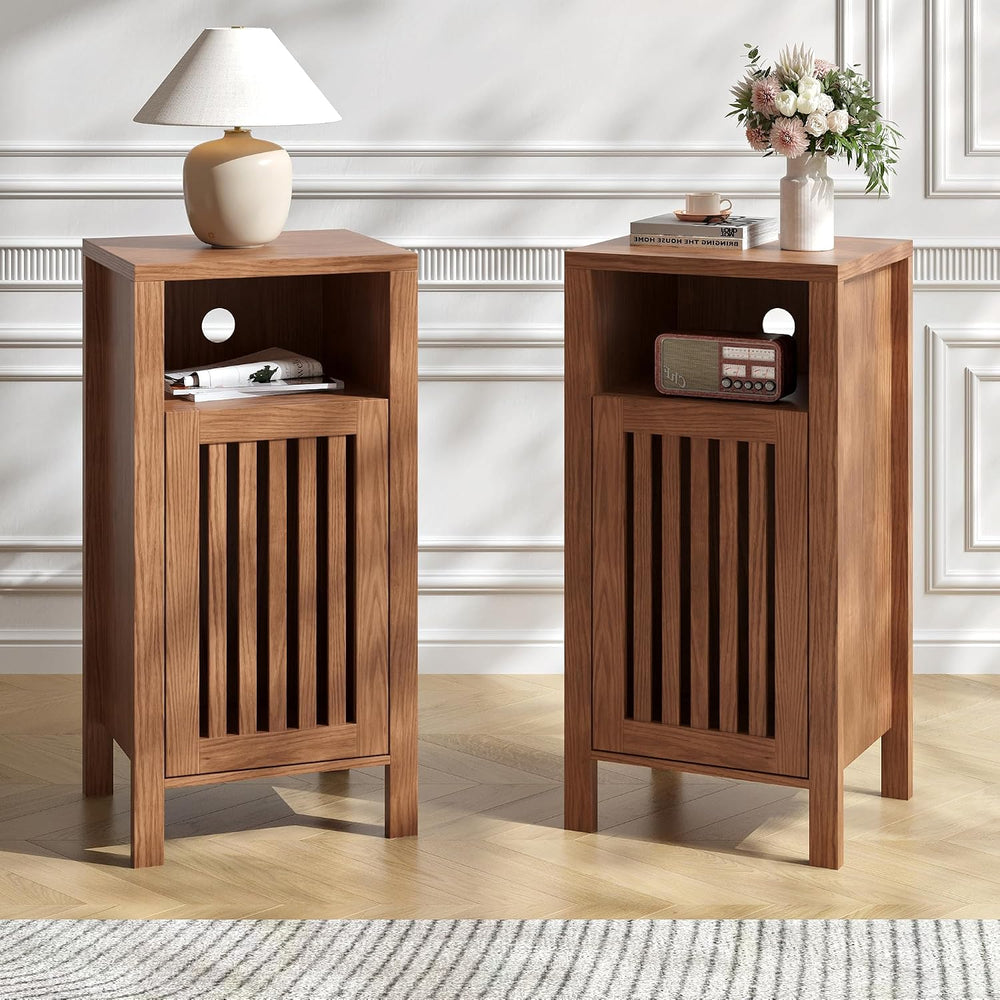 BVIUNTWO Set of 2 End Table, Farmhouse Sofa Table with Grille Door, Side Tabl...