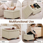 WUTUTUEE 24" Fabric Square Storage Ottoman with Wooden Tray, Modern Tufted Button Footstool Coffee Table, Upholstered Small Ottoman for Living Room, Bedroom, Khaki