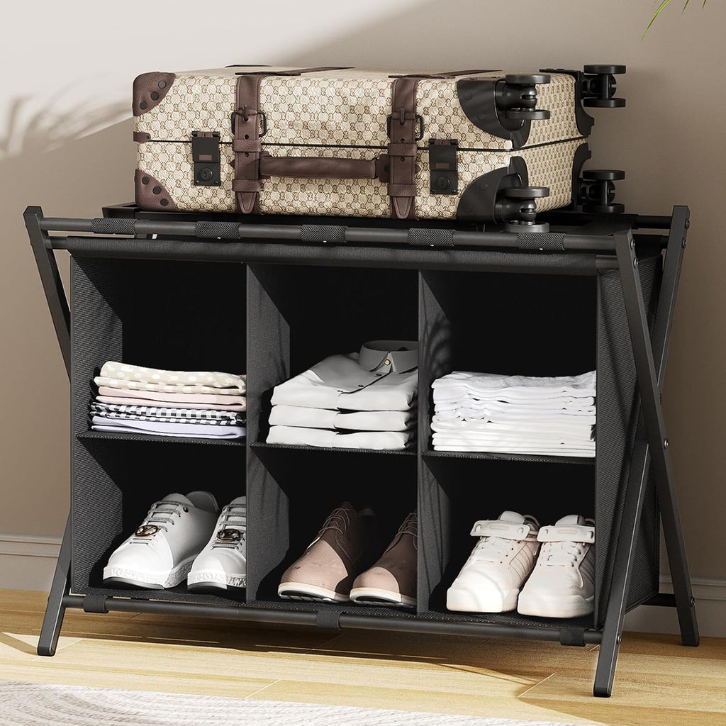 Huhote Luggage Rack for Guest Room, Folding Suitcase Stand with 6-Cube Fabric Storage Shelf, Luggage Holder, Steel Foldable Luggage Stand for Guest Room, Bedroom, Hotel, Black