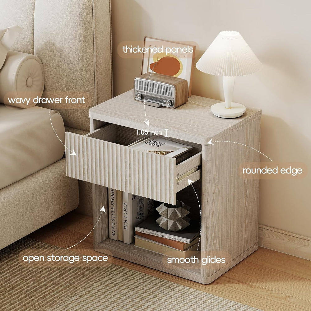 LubanNese Fluted Nightstand with Drawer, Modern Night Stand, Bed Side Table w...
