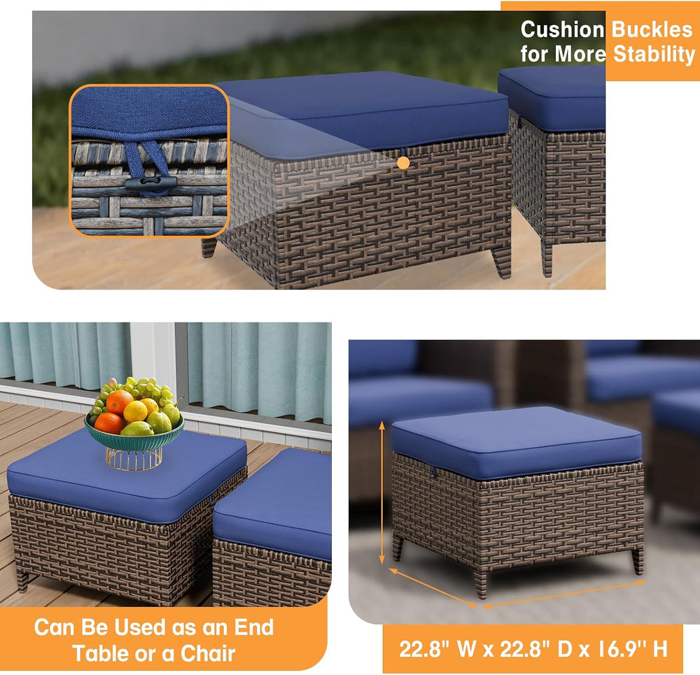 COOS BAY Harbor Retreat Wicker Outdoor Ottomans Set of 2, Patio Footrests wit...