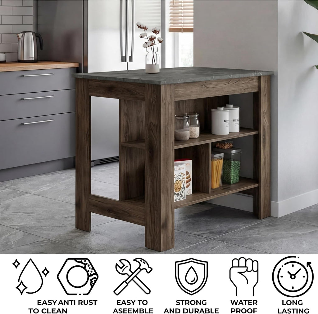 TUHOME Cala Kitchen Island with Storage and Seating, 35.4" Tall Workstation, 3 Open Shelves, Wide Tabletop, Four Sturdy Legs, Engineered Wood, Small Kitchen Island for Meal Prep