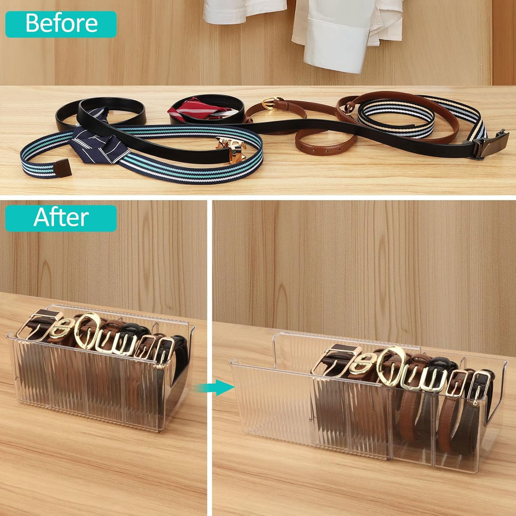 Clear Belt Organizer, Extendable Acrylic Belt Storage Holder with Adjustable Dividers, Belts Storage Container for Drawer and Closet Organization