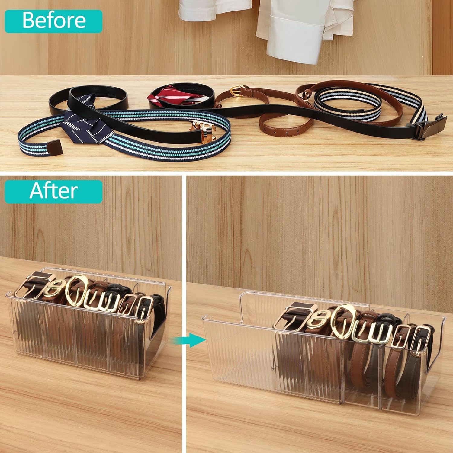 Clear Belt Organizer, Extendable Acrylic Belt Storage Holder with Adjustable Dividers, Belts Storage Container for Drawer and Closet Organization