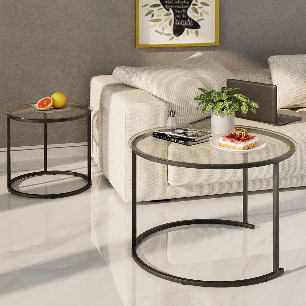 Nesting Coffee Table Set of 2,Modern Black Tempered Glass Side Table, Metal F...