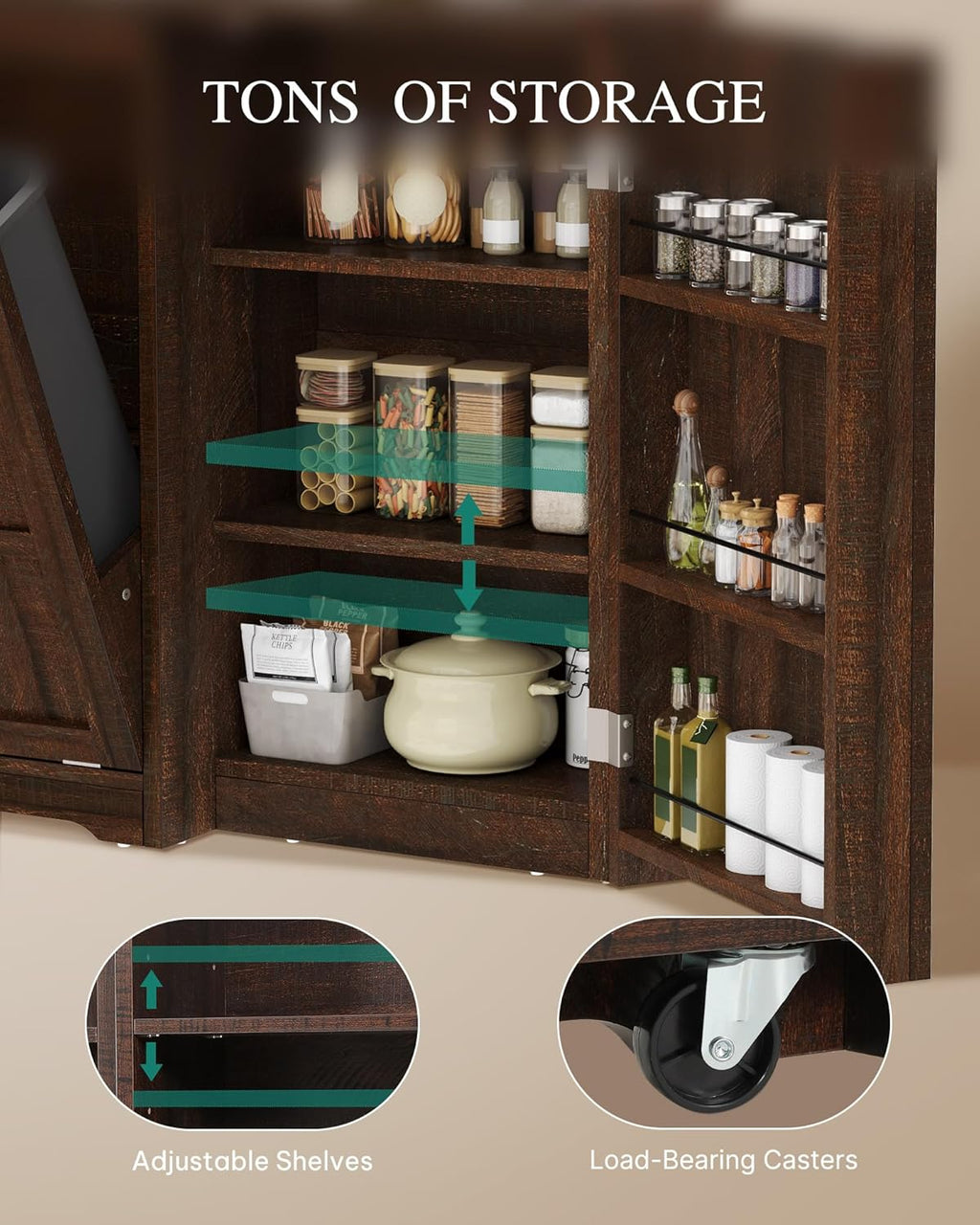 YITAHOME Kitchen Island with Power Outlet, 2 Tilt-Out Compartments | 2 tilt‑out compartments fit 13‑gallon trash bins. Adjustable shelf meets your storage demands