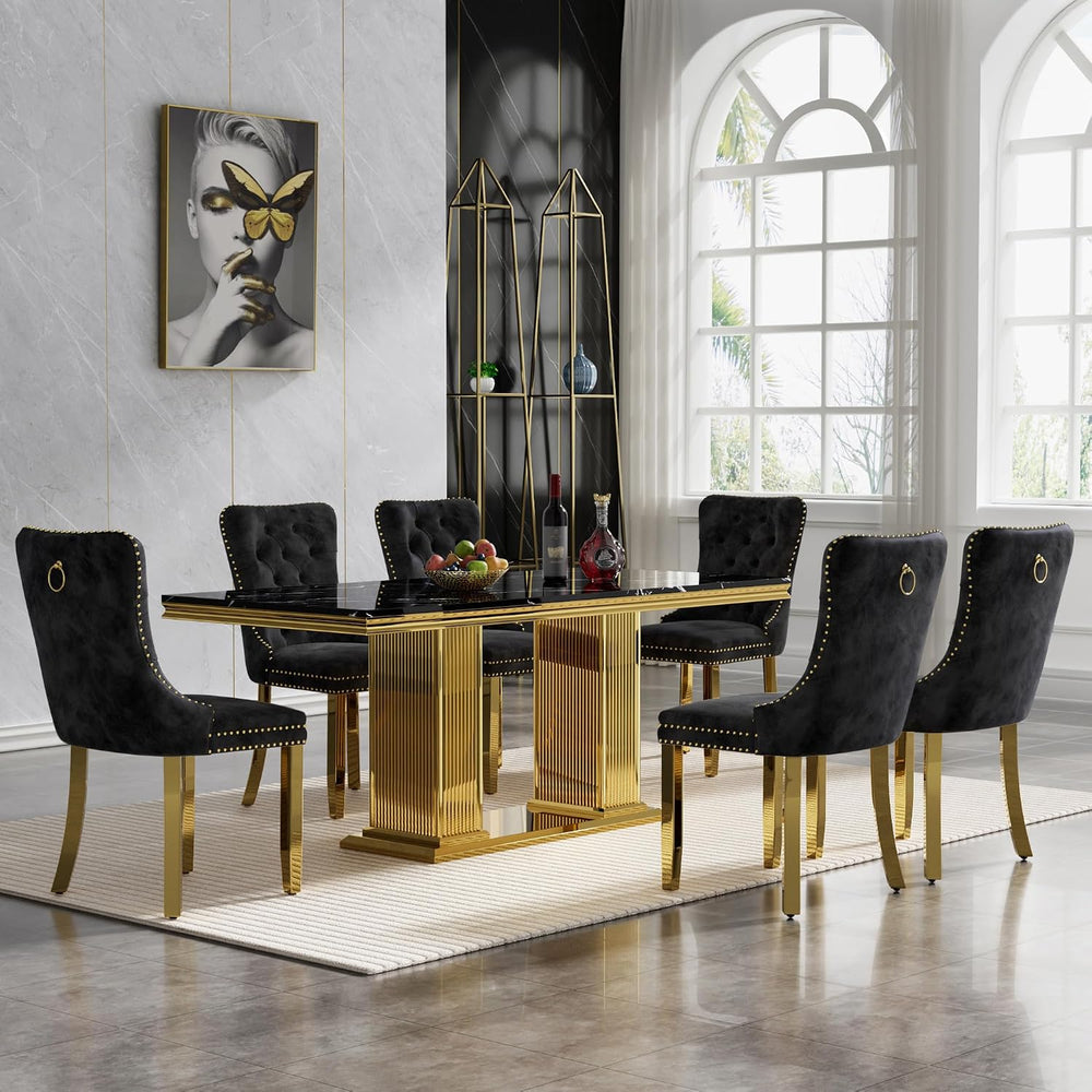7-Piece Dining Table Set for 6, 68" Black Marble Kitchen Table with 6 Bl...