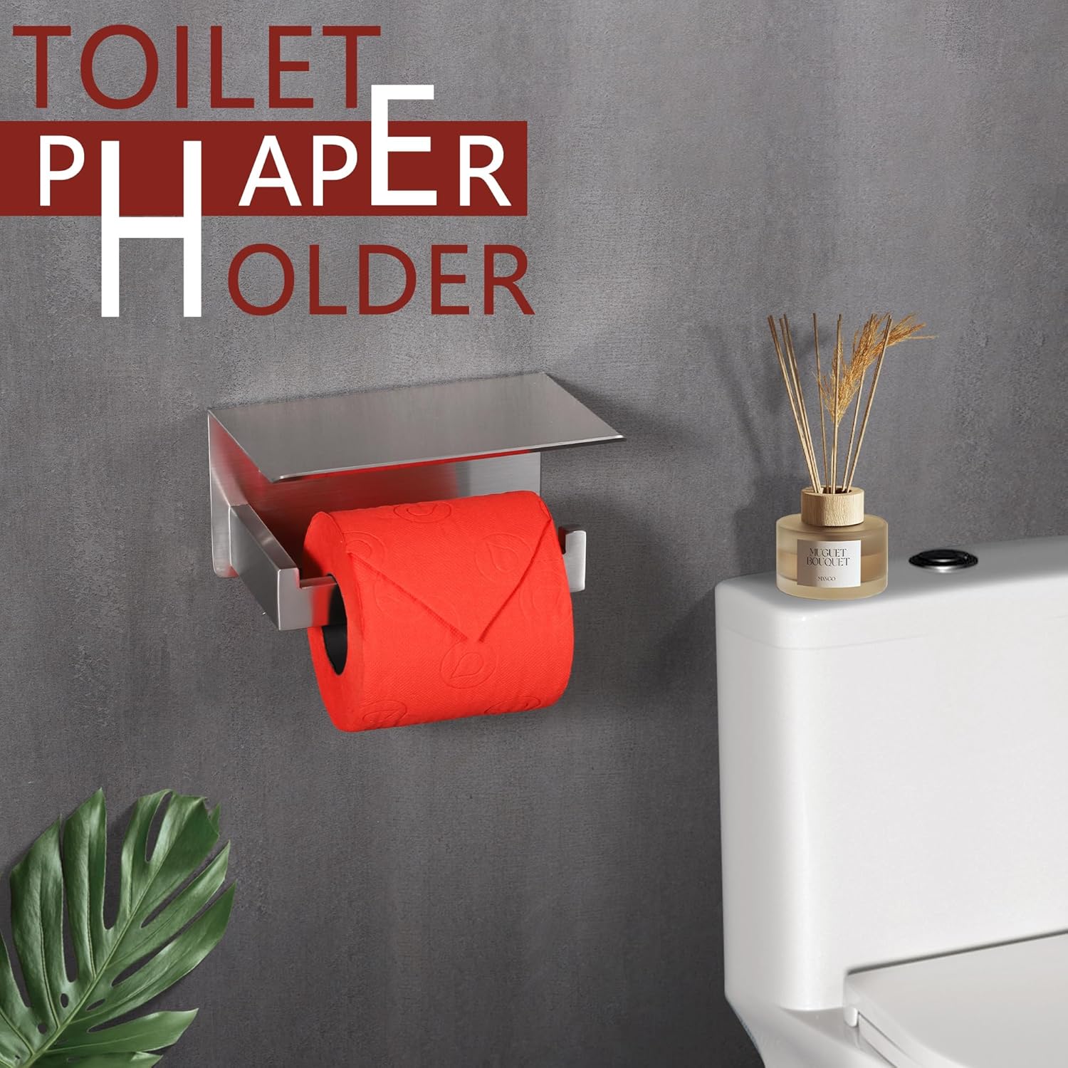 LANC Toilet Paper Holder with Shelf Brushed Nickel Toilet Tissue Roll Holder with Wipes Shelf for Bathroom Wall Mounted and Self-Adhesive Toilet Paper Roll Holder Stainless Steel, A8367BN