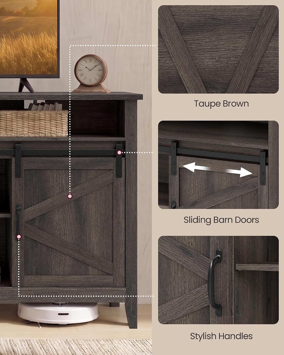 VASAGLE Tall Farmhouse TV Stand, Entertainment Center with Barn Doors, Storage Media Console Cabinet for Living Room, Bedroom, 58.3 x 15.7 x 31.9 Inch, Taupe Brown, LIRY Collection ULTV031T101S