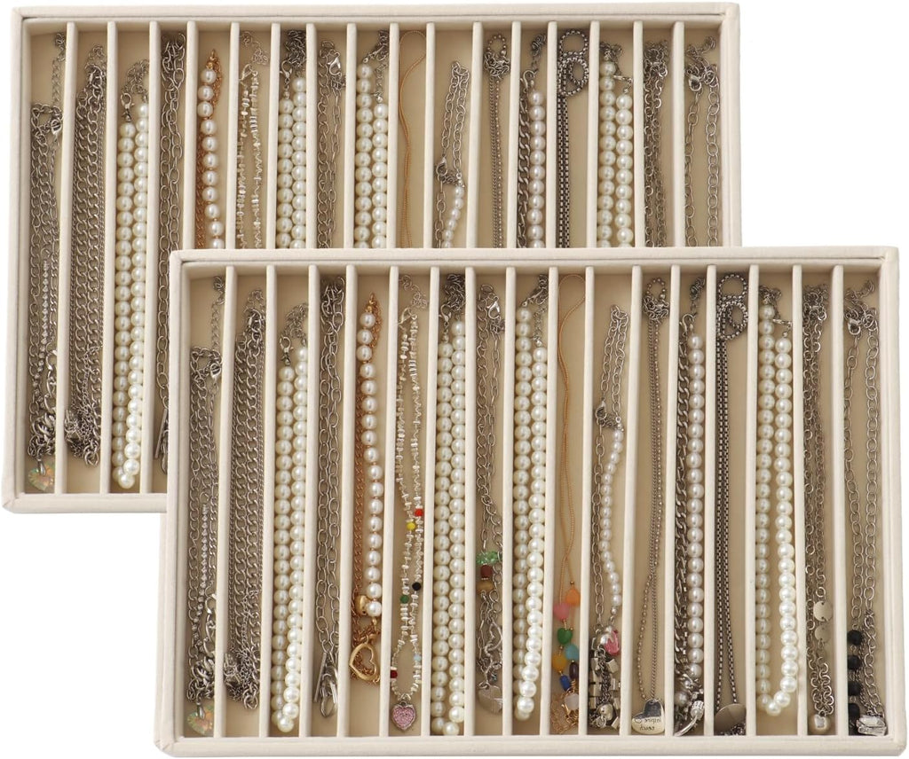Large Velvet Jewelry Tray 2 Pack Stackable Jewelry Display Drawer Inserts Trays Organizer for Earring Bracelet Necklace Ring (Beige, 16 Grids)