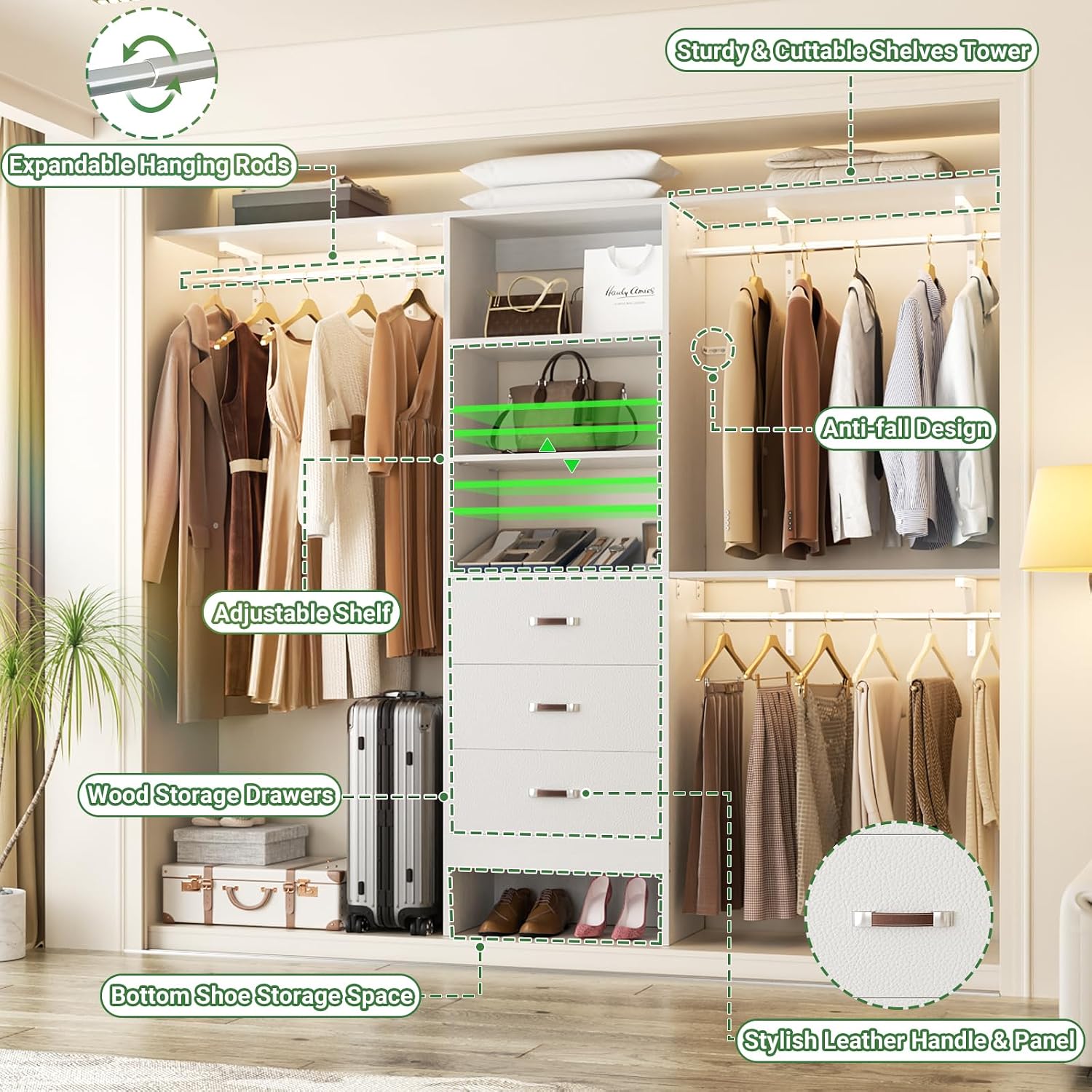 Besiost Closet System with Drawer - 8FT Wood Closet Organizer System with 3 Hanging Rods and Shelving Tower, 96" Walk In Closet Organizer Wardrobe, Heavy Duty Garment Rack Clothes Rack, White