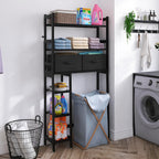 SMIBUY Over-The-Toilet Storage Rack, 6-Tier Bamboo Large Bathroom Organizer with Side Shelves and 2 Drawers, Stable Freestanding Space Saver for Bathroom, Laundry Room(Black)