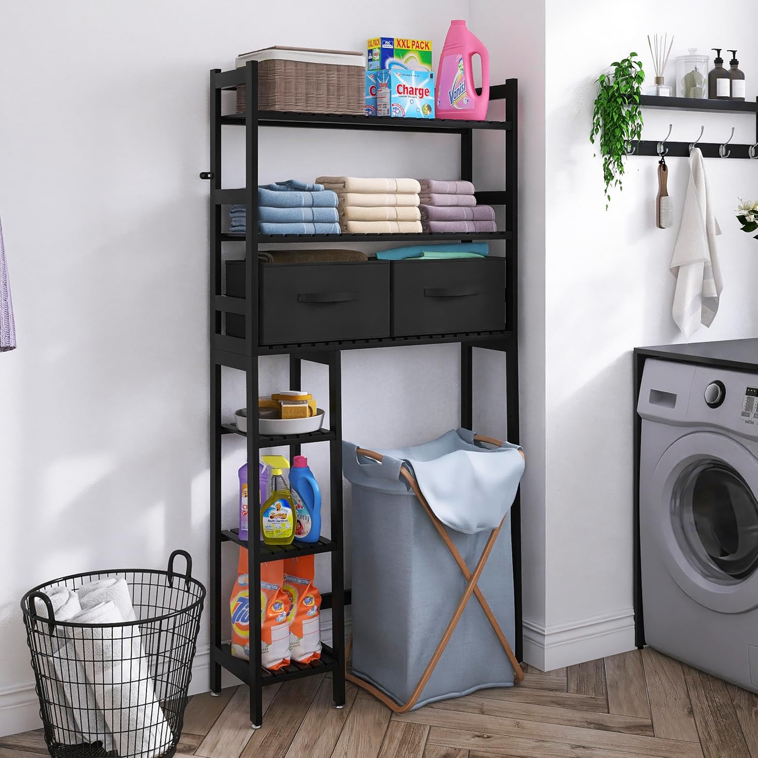 SMIBUY Over-The-Toilet Storage Rack, 6-Tier Bamboo Large Bathroom Organizer with Side Shelves and 2 Drawers, Stable Freestanding Space Saver for Bathroom, Laundry Room(Black)