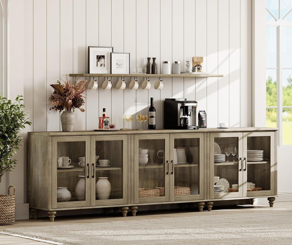 WAMAPT Farmhouse Sideboard Credenza with 6 Glass Doors, Large Coffee Bar Tabl...