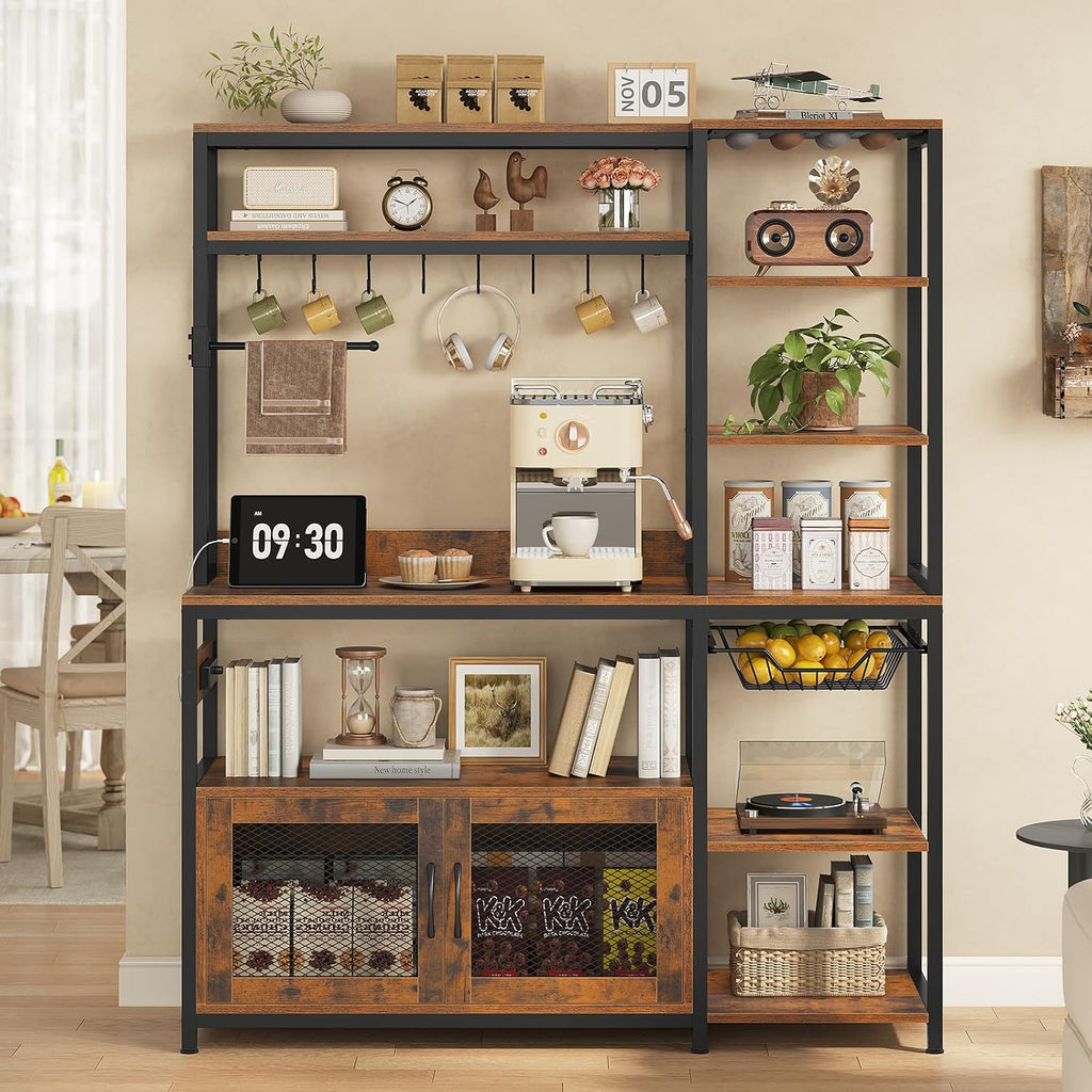 47.2 in Bakers Rack with Power Outlet & LED Light, Coffee Bar with Coffee Pod Holder for Vetuo, Kitchen Microwave Stand with Storage Shelves, Paper Holder, Cabinet, Wire Basket, 8 Hooks (Rustic Brown)