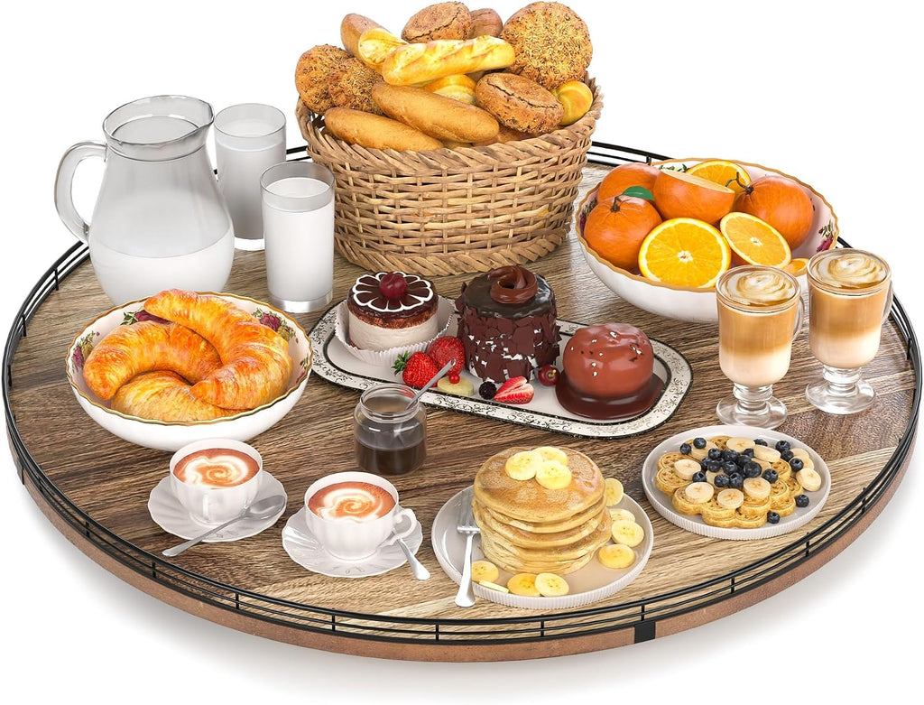 24 Inch Lazy Susan Turntable, Heavy Duty Acacia Wood Round Tray for Kitchen | Easy 360 Degree Spin; Raised Iron Rim; 3 Anti Slip Pads; No Assembly; Farmhouse Decor; Pantry, Cabinet, Gift Box