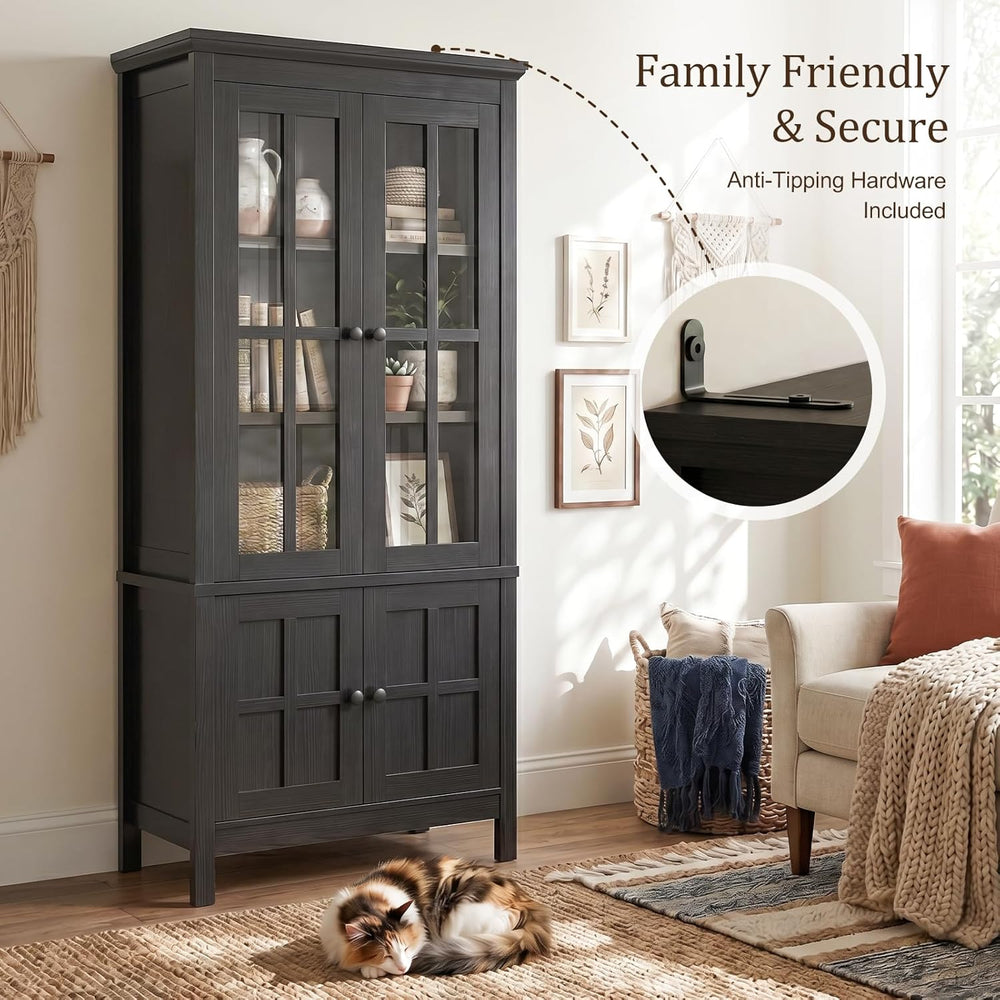 Farmhouse 63" Kitchen Pantry Storage Cabinet with Glass Doors & Hidd...