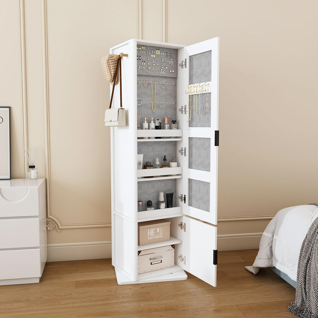 Montary 360° Rotating Makeup & Jewelry Cabinet with Full-Length Mirror - Standing Storage Organizer with Coat Rack, 4-Tier Open & Built-in Shelves, White