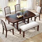 P PURLOVE 6 Piece Dining Table Set, 60inch to 78inch Extendable Wood Kitchen Table with Removable Leaf, 4 Upholstered Side Chair and 1 Bench for 6 (Cherry)