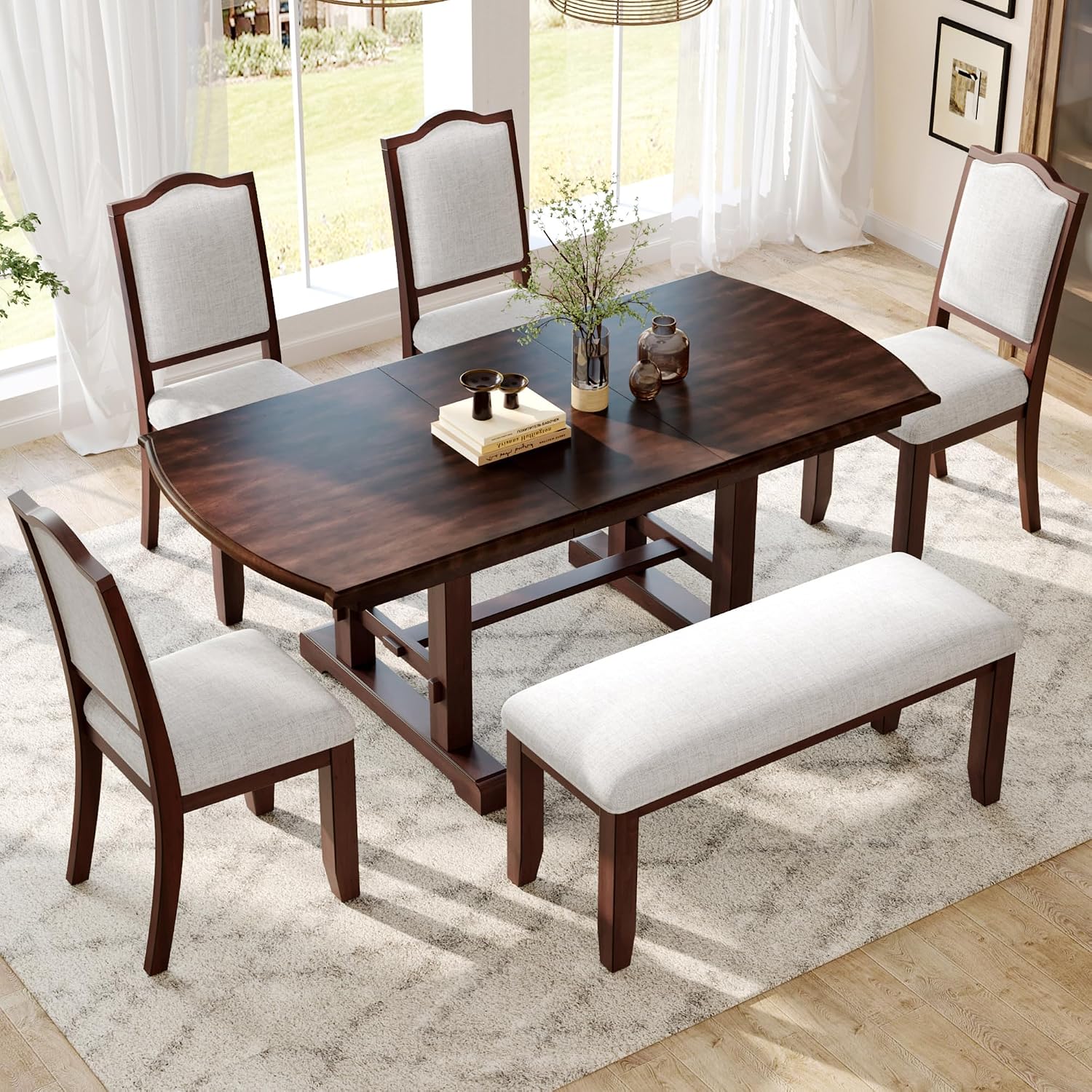 P PURLOVE 6 Piece Dining Table Set, 60inch to 78inch Extendable Wood Kitchen Table with Removable Leaf, 4 Upholstered Side Chair and 1 Bench for 6 (Cherry)